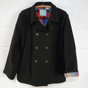 Delias Y2K Pea Coat Black WOOL Blend Double Breasted Buttons FLANNEL Lined Sz XL